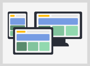 Die Grafik zeigt einen Desktop-PC, ein Tablet und ein Smartphone, auf denen eine Website in verschiedenen responsiven Designs dargestellt ist.