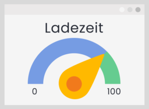 Die Grafik zeigt einen Tachometer, der auf eine schnelle Ladezeit hinweist. Darüber steht der Schriftzug „Ladezeit“.