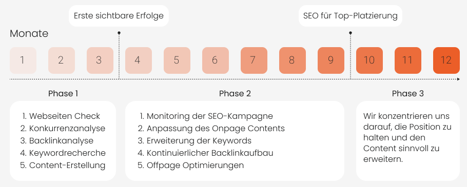 Eine Grafik, die zeigt, wie sich der SOE-Prozess über 12 Monate hinweg entwickelt. Nach 3 Monaten sind erste Erfolge sichtbar.