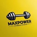 Kundenlogo Maxpower Das Kundenlogo von Maxpower zeigt auf gelbem Hintergrund eine Hantel über dem Schriftzug „Maxpower Fitness Studio“.